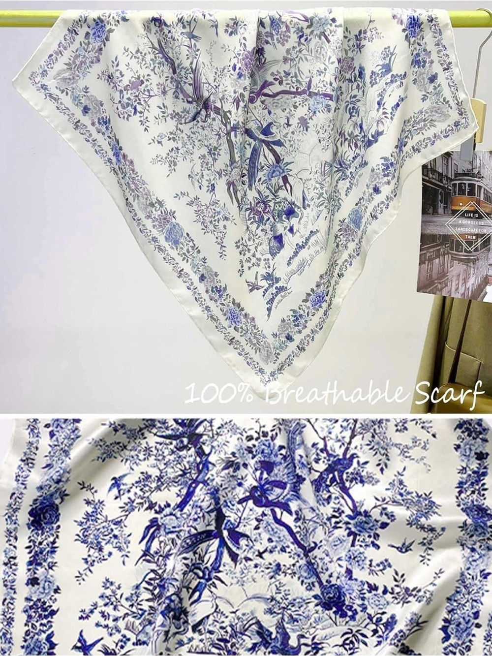 Blue Lightweight Satin Floral Neck Scarf  Bandana - Picture 4 of 5